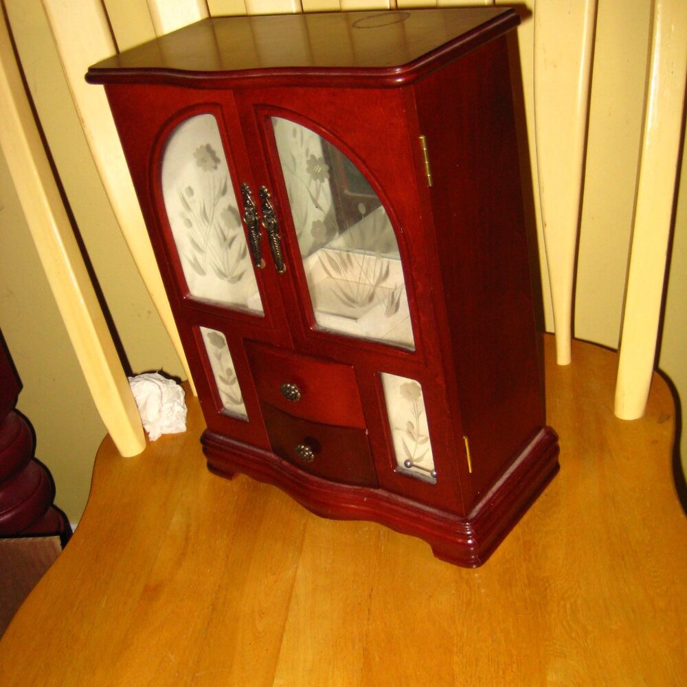 Elegant Red Wood Jewelry Cabinet with Glass Doors - Picture 7 of 9